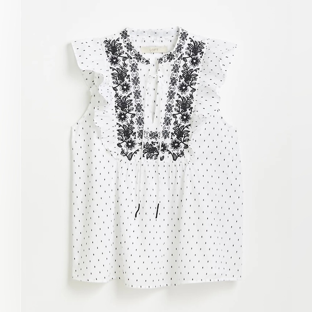 LOFT White Sleeveless Embroidered Ruffle Yoke Blouse